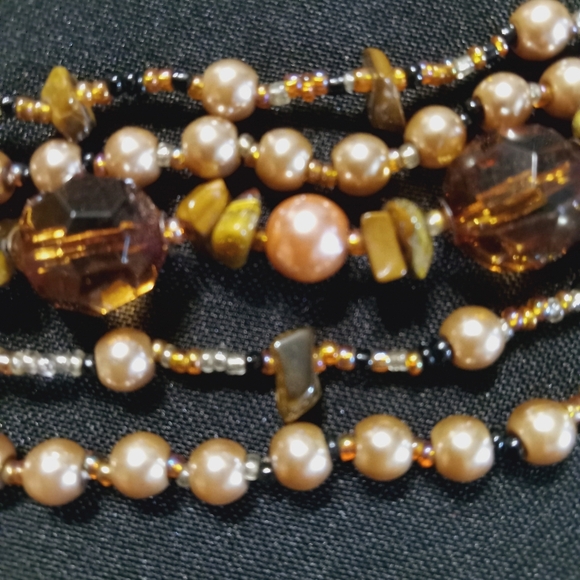 Vintage Necklace Multi-Strand Necklace Rose Gold Faux Pearls Umber Stones Beads - Picture 3 of 6